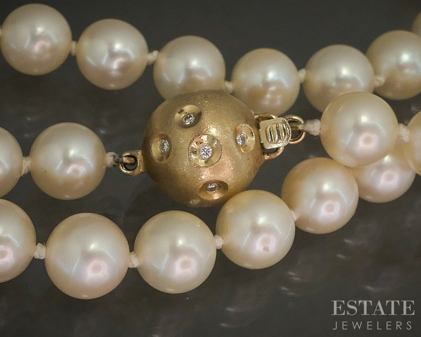 Vintage 14k Yellow Gold 6.9mm Akoya Pearl & Diamond Clasp Necklace 32"L p22602b