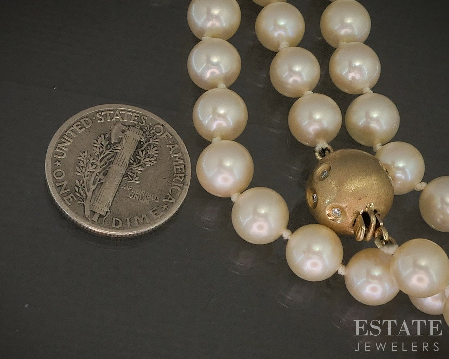 Vintage 14k Yellow Gold 6.9mm Akoya Pearl & Diamond Clasp Necklace 32"L p22602b