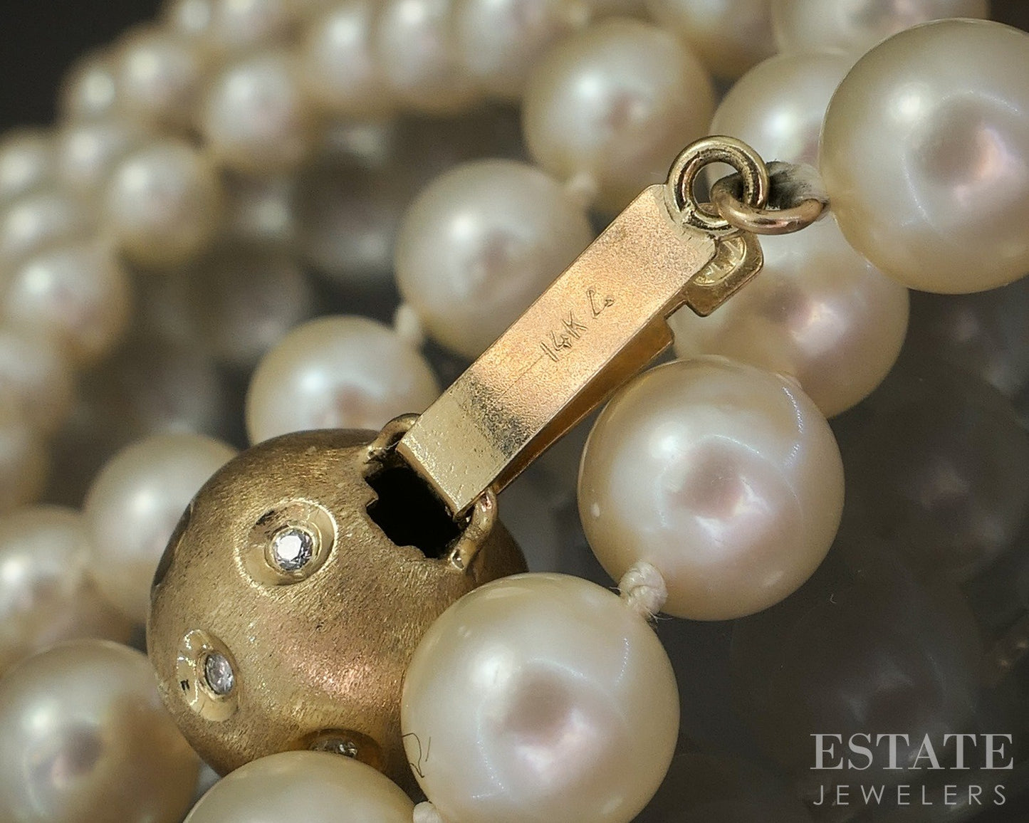 Vintage 14k Yellow Gold 6.9mm Akoya Pearl & Diamond Clasp Necklace 32"L p22602b