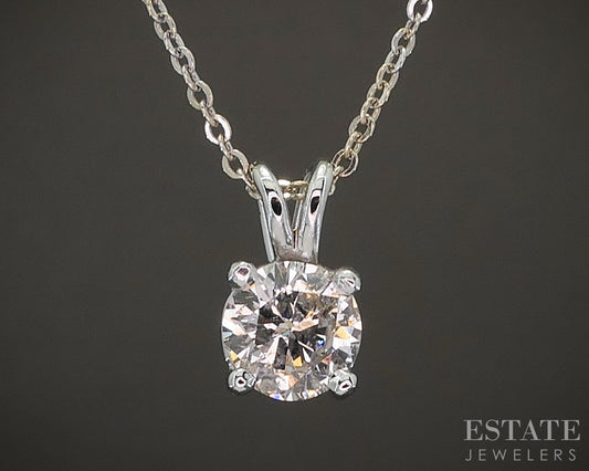 14k White Gold Round Natural .71ct Diamond Solitaire Necklace 2.4g 16"L p22307b