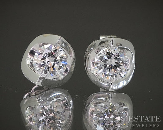 14k White Gold Round Natural .22ctw Diamond Half Bezel Stud Earrings p21796b