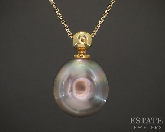 18k Yellow Gold Cultured Freeform Tahitian Black Pearl Necklace 6g 18"L p21953b