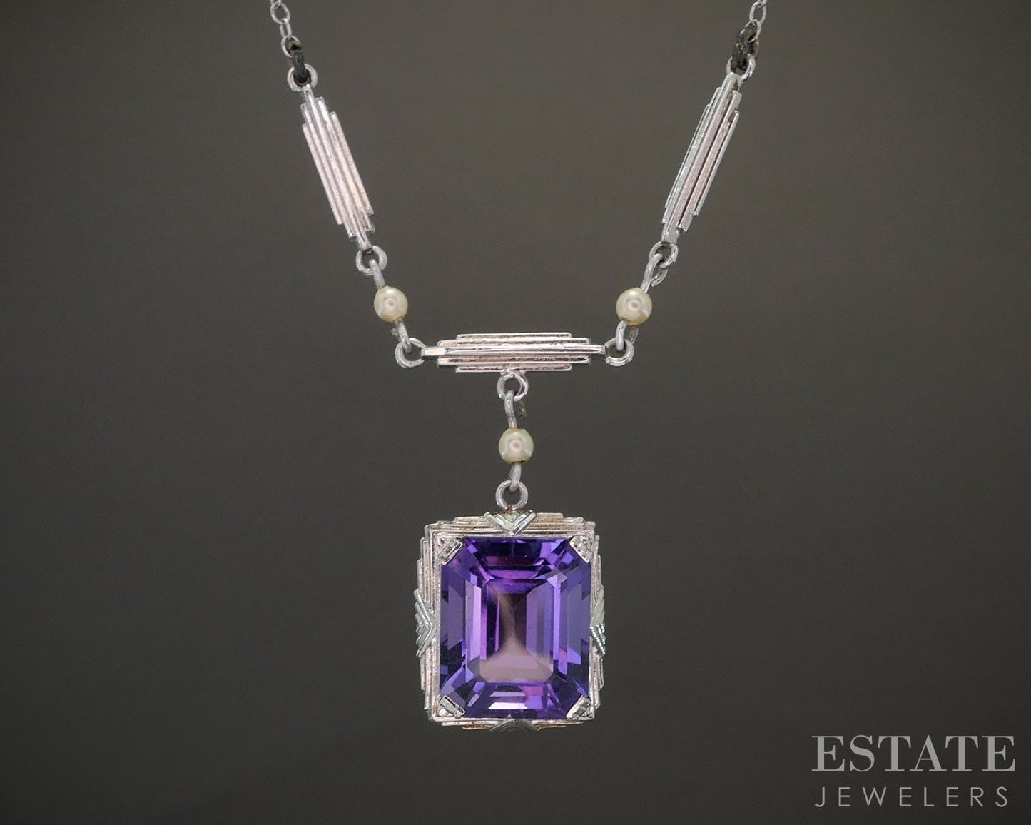 Antique Art Deco 10k White Gold Amethyst & Seed Pearl Necklace 3.2g 16"L p22029b