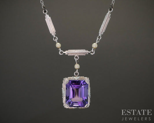 Antique Art Deco 10k White Gold Amethyst & Seed Pearl Necklace 3.2g 16"L p22029b