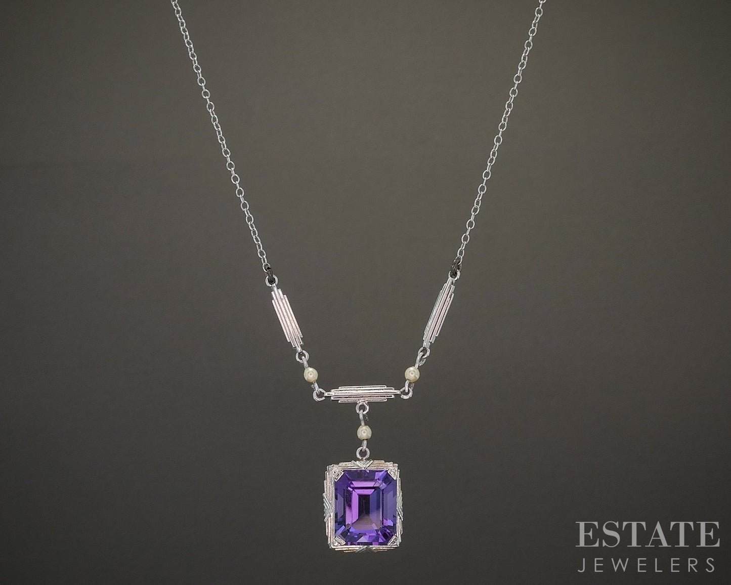 Antique Art Deco 10k White Gold Amethyst & Seed Pearl Necklace 3.2g 16"L p22029b