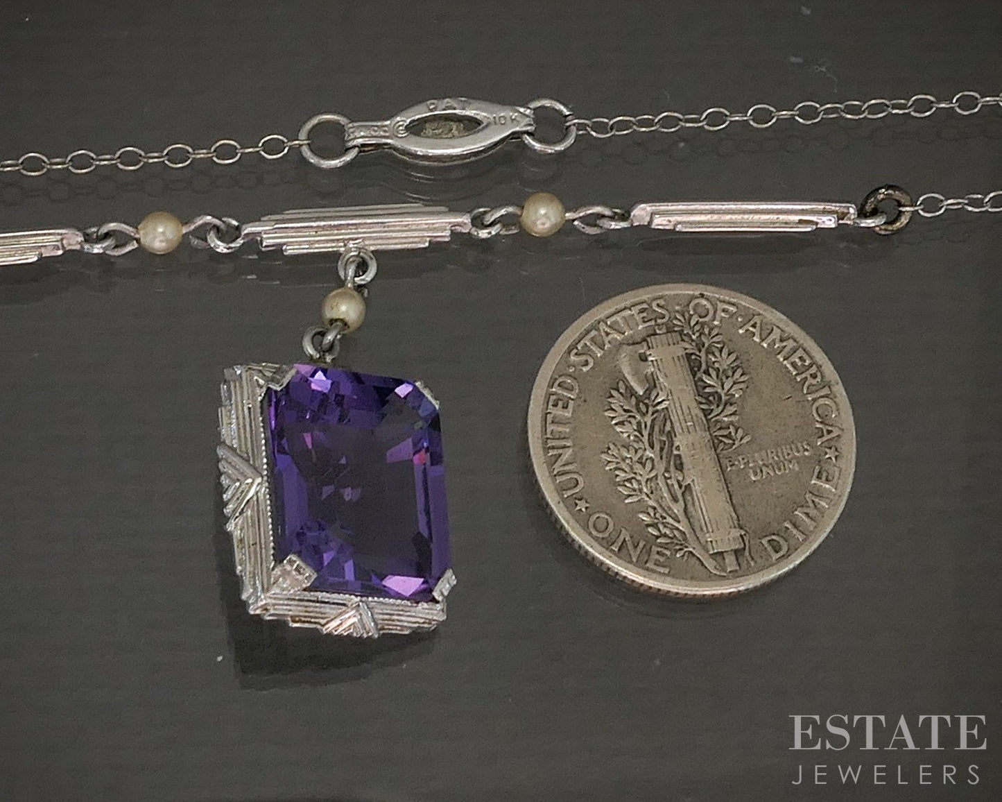 Antique Art Deco 10k White Gold Amethyst & Seed Pearl Necklace 3.2g 16"L p22029b