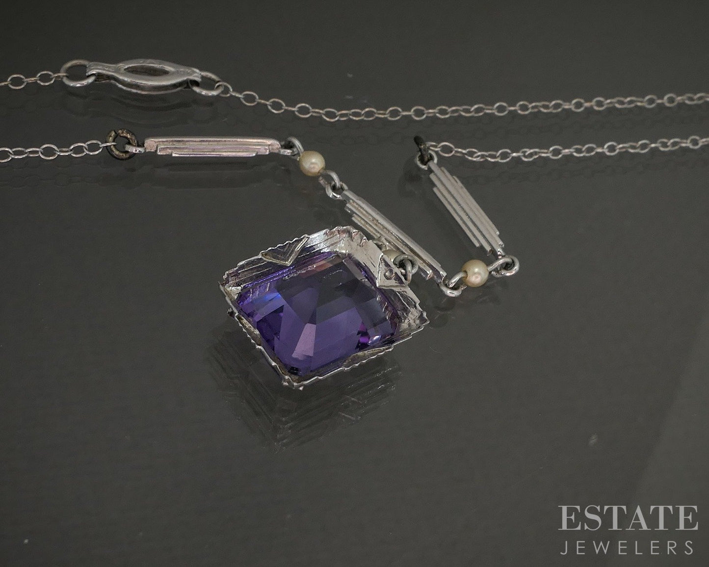 Antique Art Deco 10k White Gold Amethyst & Seed Pearl Necklace 3.2g 16"L p22029b