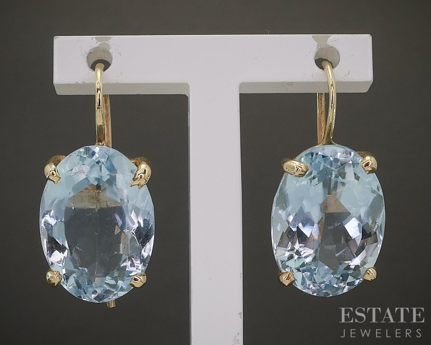 14k Yellow Gold Oval Natural Blue Topaz French Wire Dangle Earrings 6.0g p22597b