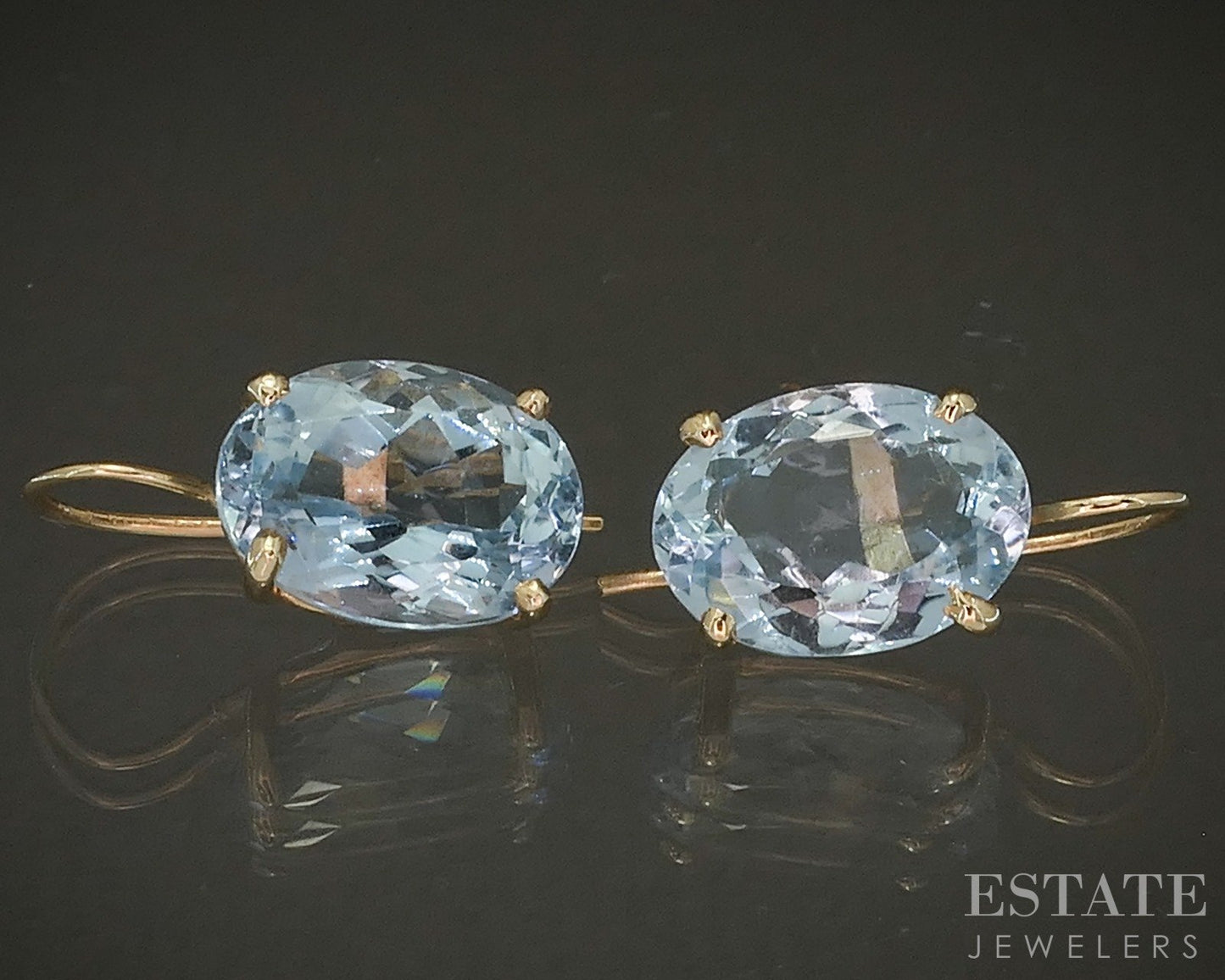14k Yellow Gold Oval Natural Blue Topaz French Wire Dangle Earrings 6.0g p22597b