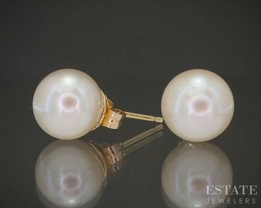 14k Yellow Gold 7.8mm Akoya Pearl Stud Ladies Earrings p22426b