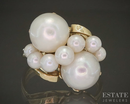 Vintage 14k Yellow Gold Mings Cultured Pearl Cluster Ring 5.5g p21640b