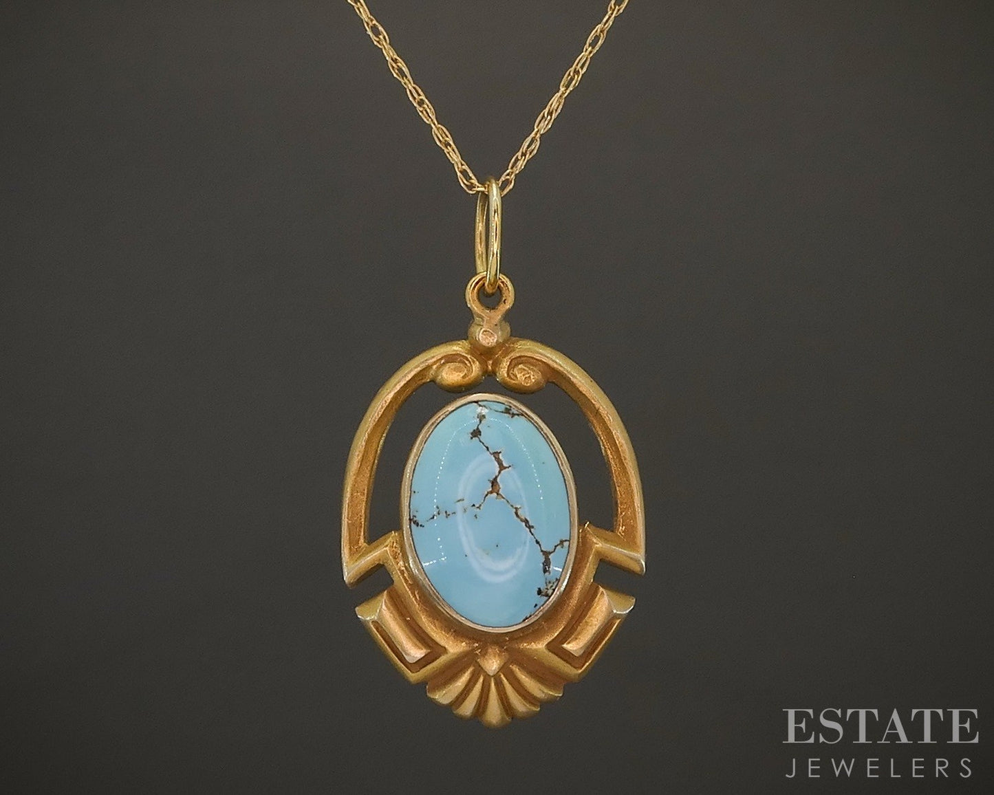 Vintage 10k Yellow Gold Oval Natural Turquoise Ladies Necklace 2.0g 18"L p22193b