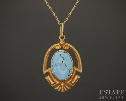 Vintage 10k Yellow Gold Oval Natural Turquoise Ladies Necklace 2.0g 18"L p22193b