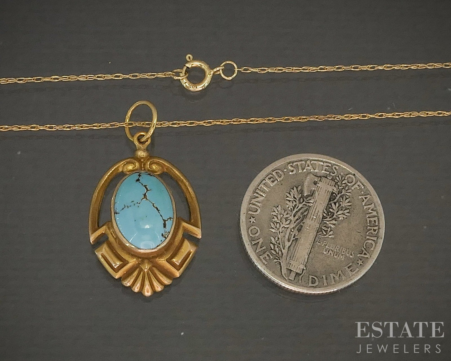 Vintage 10k Yellow Gold Oval Natural Turquoise Ladies Necklace 2.0g 18"L p22193b