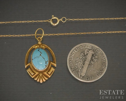Vintage 10k Yellow Gold Oval Natural Turquoise Ladies Necklace 2.0g 18"L p22193b