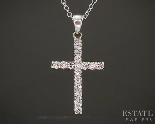 14k White Gold Natural .35ctw Diamond Cross Ladies Necklace 3.6g 18"L p20559b