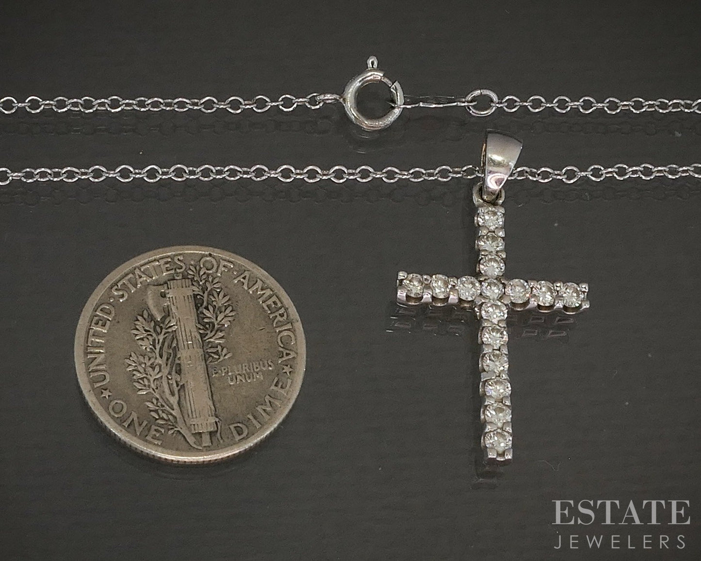 14k White Gold Natural .35ctw Diamond Cross Ladies Necklace 3.6g 18"L p20559b
