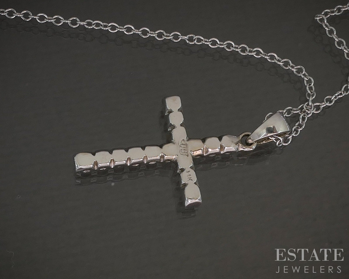 14k White Gold Natural .35ctw Diamond Cross Ladies Necklace 3.6g 18"L p20559b