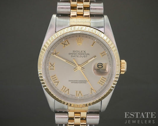 1995 Rolex Datejust 18k Stainless 16233 Gray Roman Jubilee 36mm Watch p24043