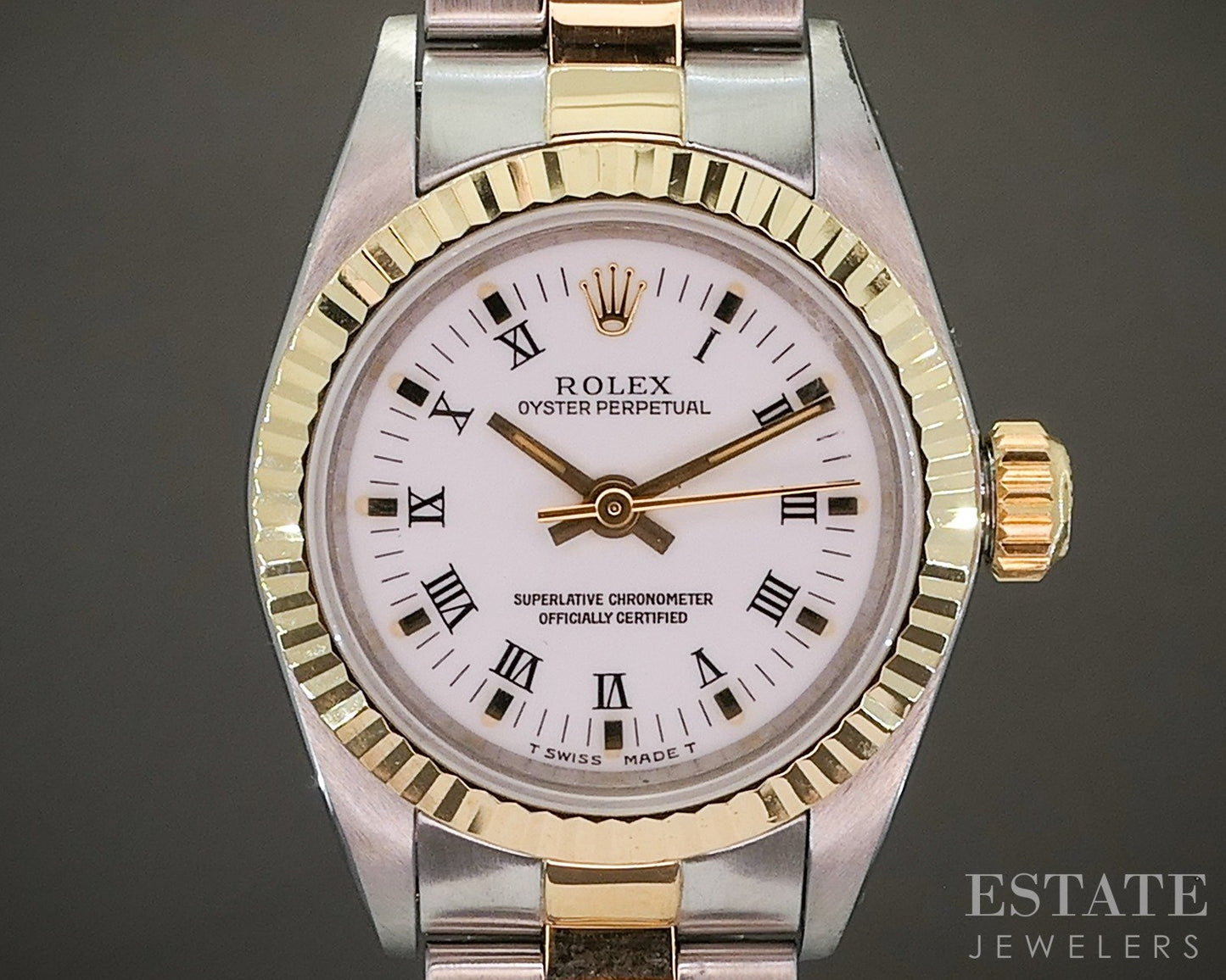 1990 Rolex Oyster Perpetual 67193 Two Tone Roman 24mm Ladies Watch p21868