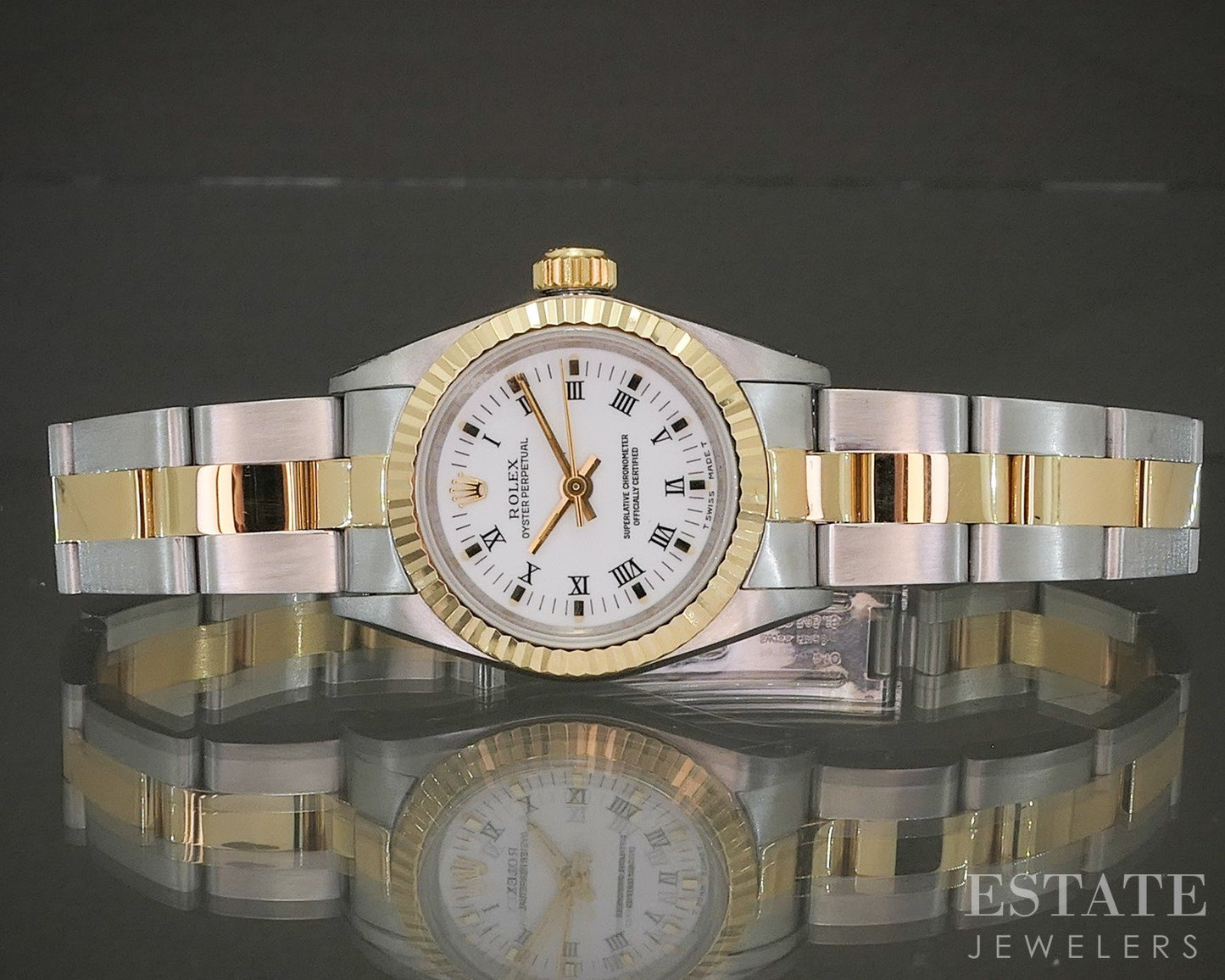 1990 Rolex Oyster Perpetual 67193 Two Tone Roman 24mm Ladies Watch p21868