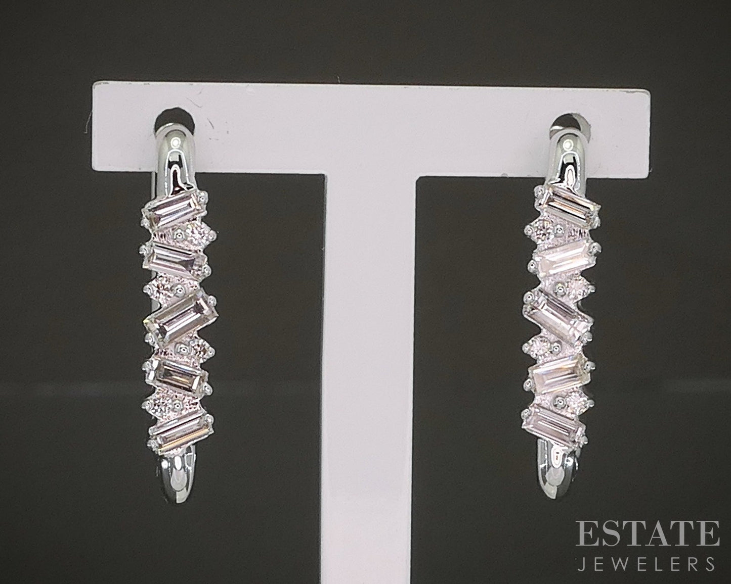 14k White Gold Natural .49ctw Diamond Rectangle Hoop Earrings 4.7g p24181