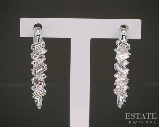 14k White Gold Natural .49ctw Diamond Rectangle Hoop Earrings 4.7g p24181