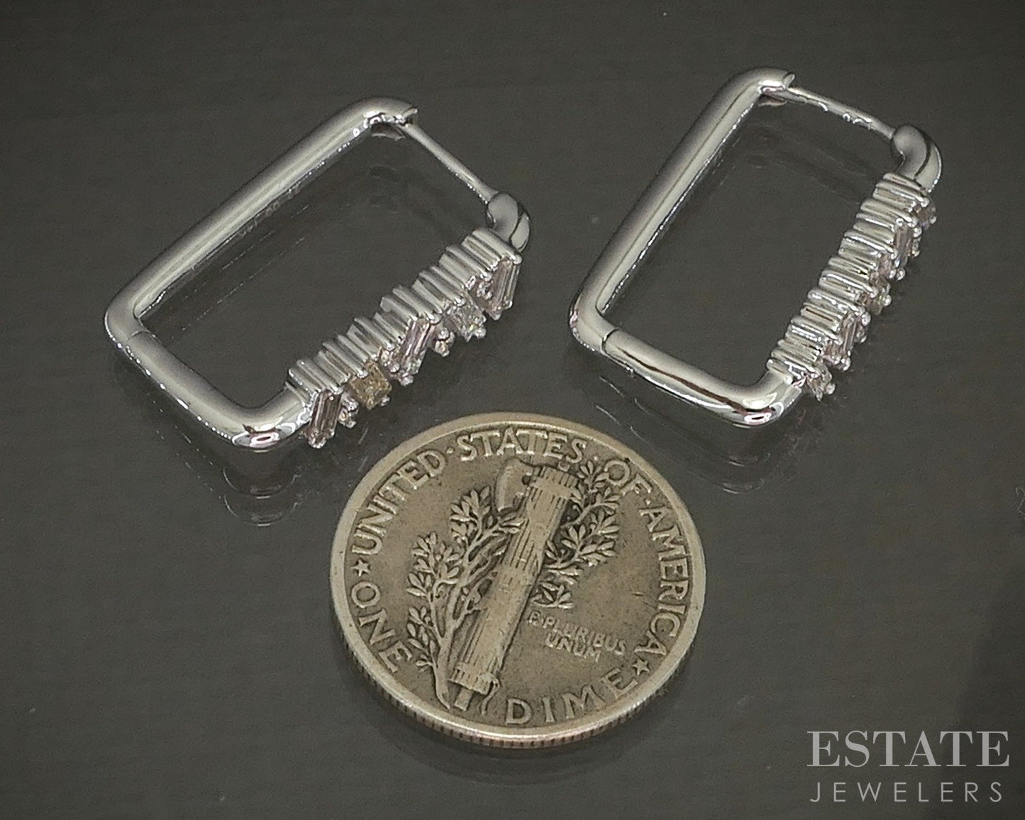 14k White Gold Natural .49ctw Diamond Rectangle Hoop Earrings 4.7g p24181