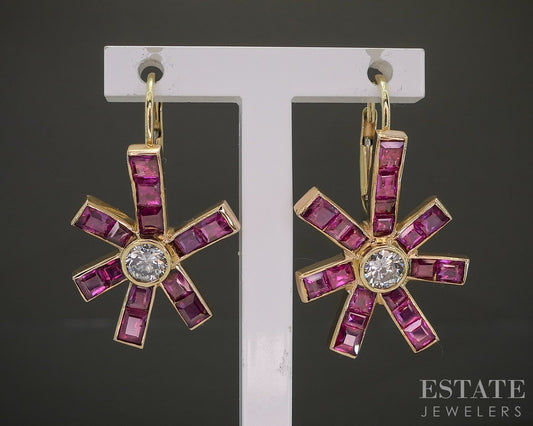 18k Yellow Gold Natural Ruby & Diamond Leverback Dangle Earrings 5.7g p20830
