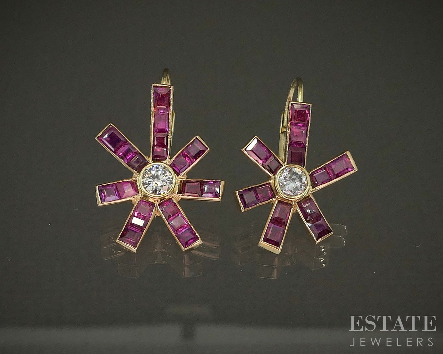 18k Yellow Gold Natural Ruby & Diamond Leverback Dangle Earrings 5.7g p20830