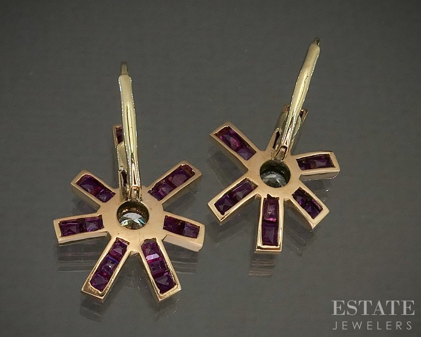18k Yellow Gold Natural Ruby & Diamond Leverback Dangle Earrings 5.7g p20830