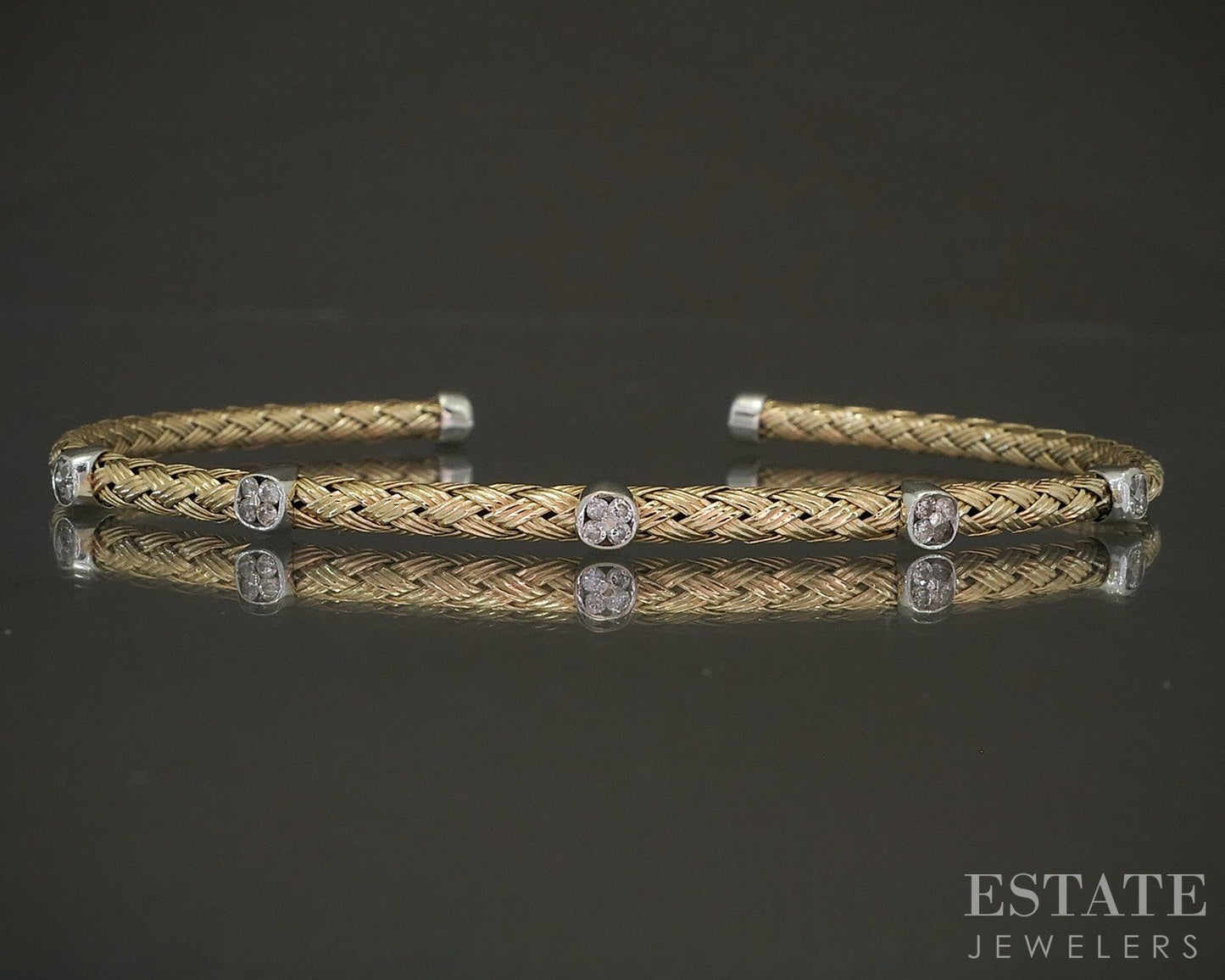 14k Two Tone Gold Round Natural .05ctw Diamond Braided Cuff Bracelet 7.9g p24145