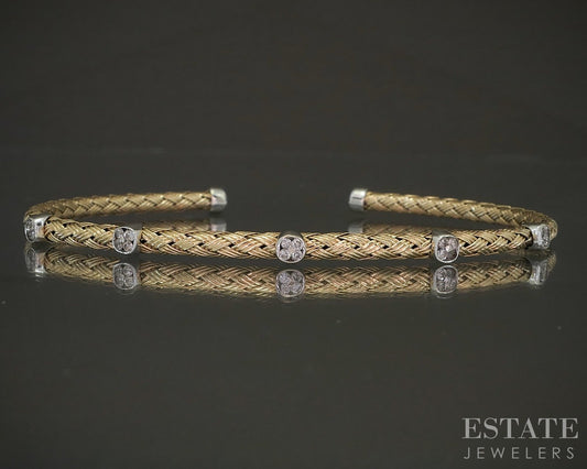 14k Two Tone Gold Round Natural .05ctw Diamond Braided Cuff Bracelet 7.9g p24145