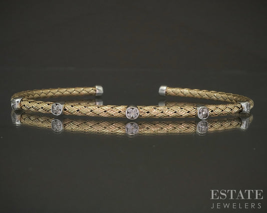 14k Two Tone Gold Round Natural .05ctw Diamond Braided Cuff Bracelet 7.9g p24145
