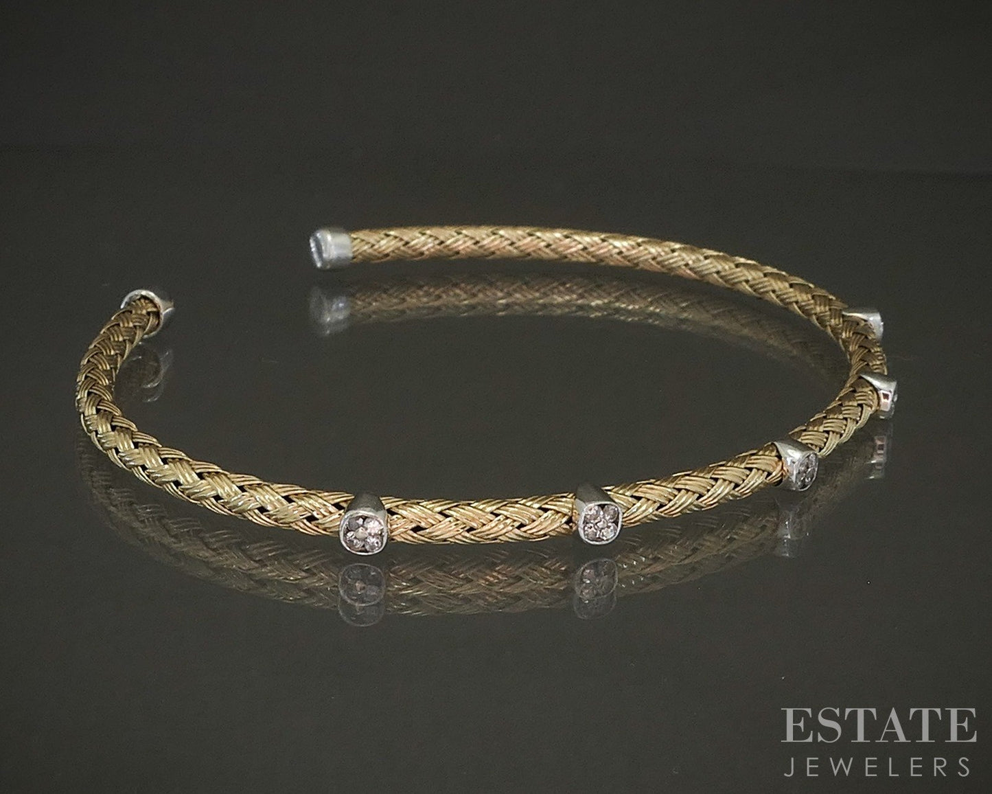 14k Two Tone Gold Round Natural .05ctw Diamond Braided Cuff Bracelet 7.9g p24145