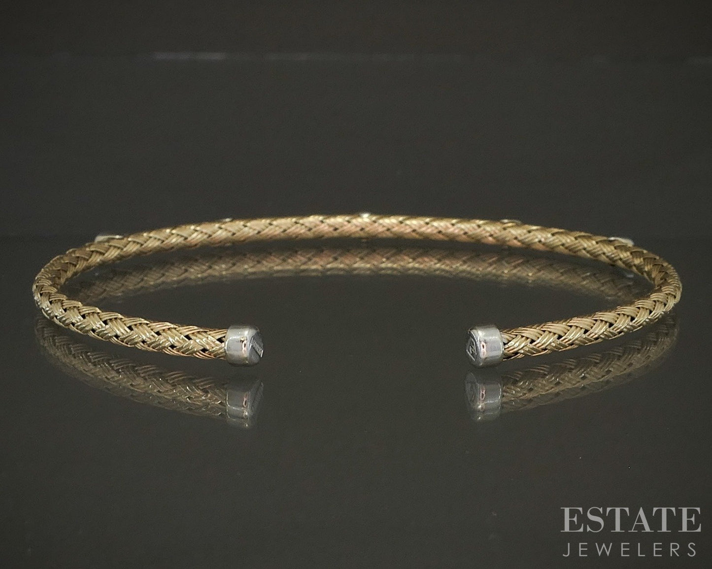14k Two Tone Gold Round Natural .05ctw Diamond Braided Cuff Bracelet 7.9g p24145