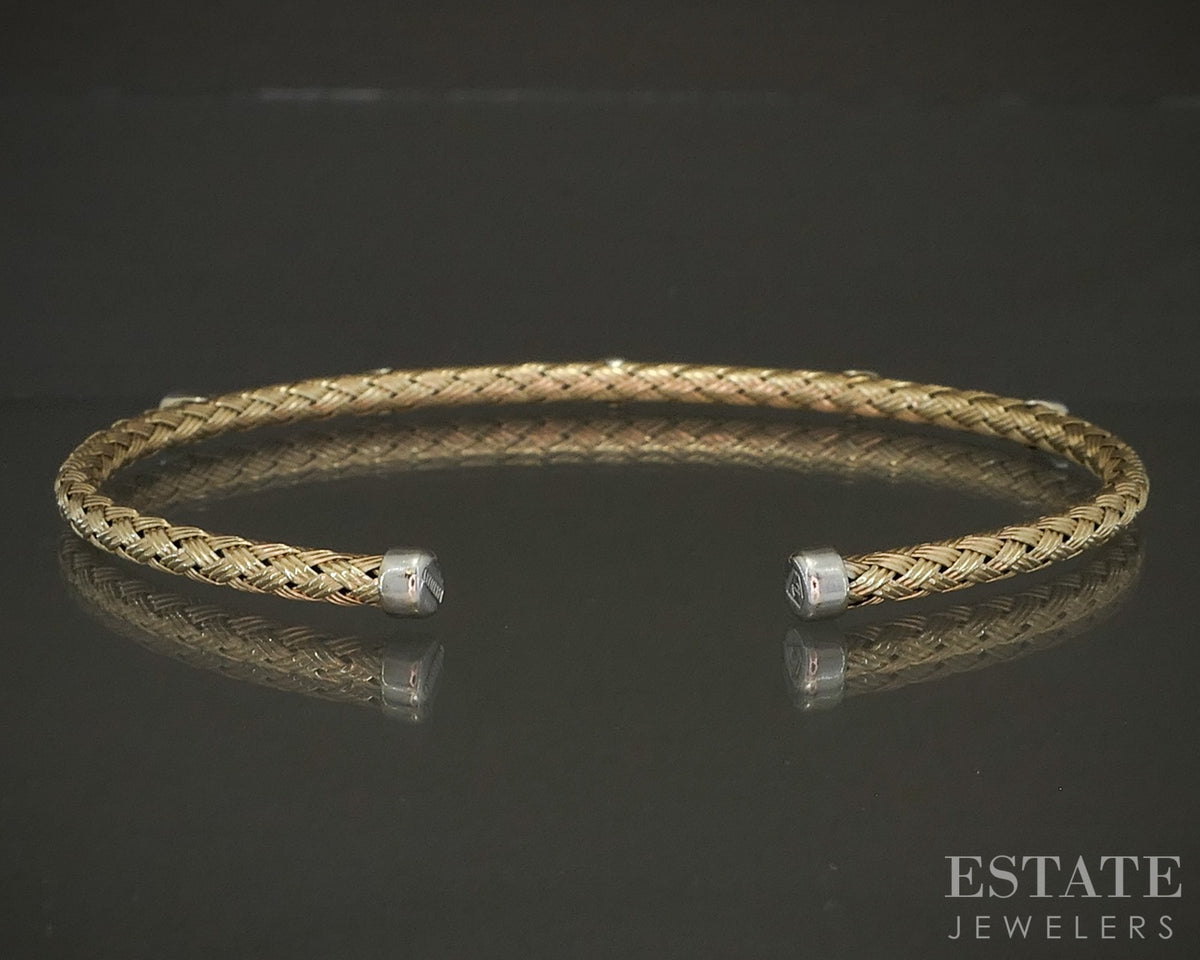 14k Two Tone Gold Round Natural .05ctw Diamond Braided Cuff Bracelet 7.9g p24145
