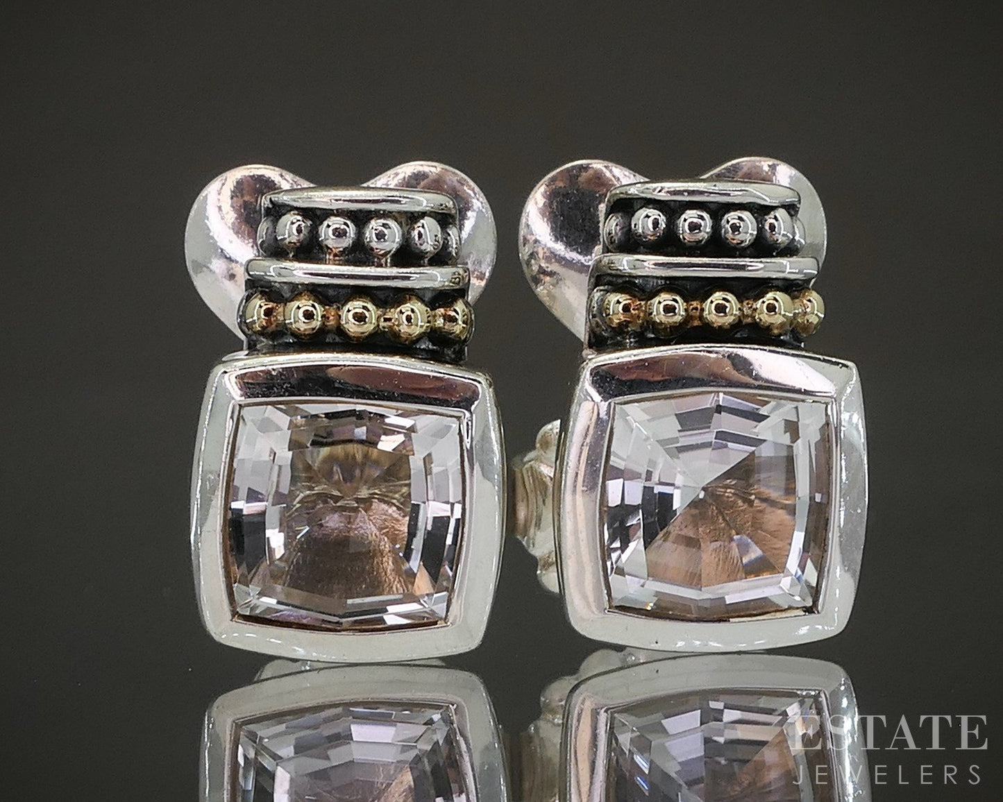 18k & Sterling Lagos Caviar Natural White Topaz Stud Earrings 4.9g p23767