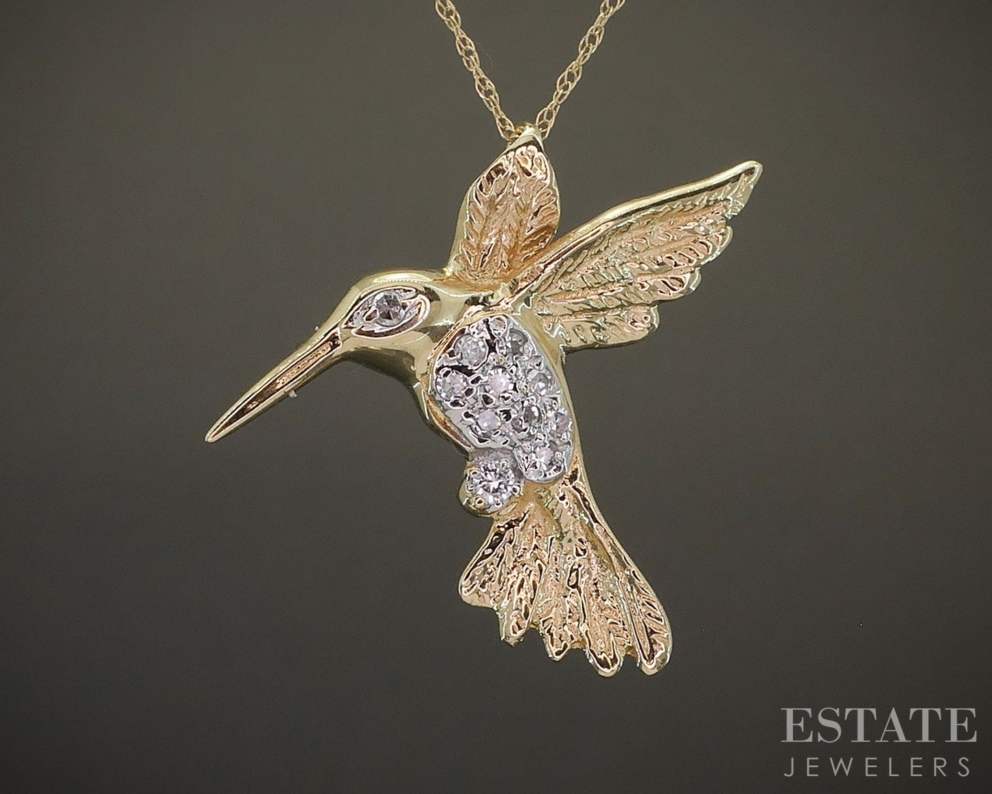 14k Yellow Gold Natural Diamond Hummingbird Necklace 2.9g 16"L p21636