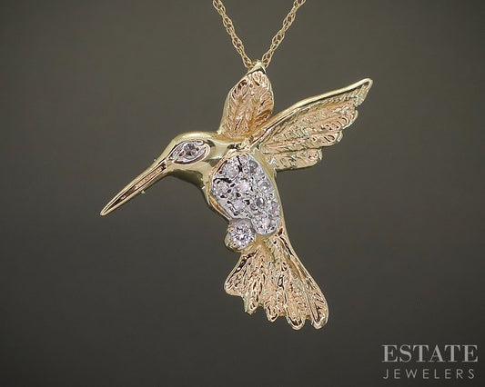 14k Yellow Gold Natural Diamond Hummingbird Necklace 2.9g 16"L p21636