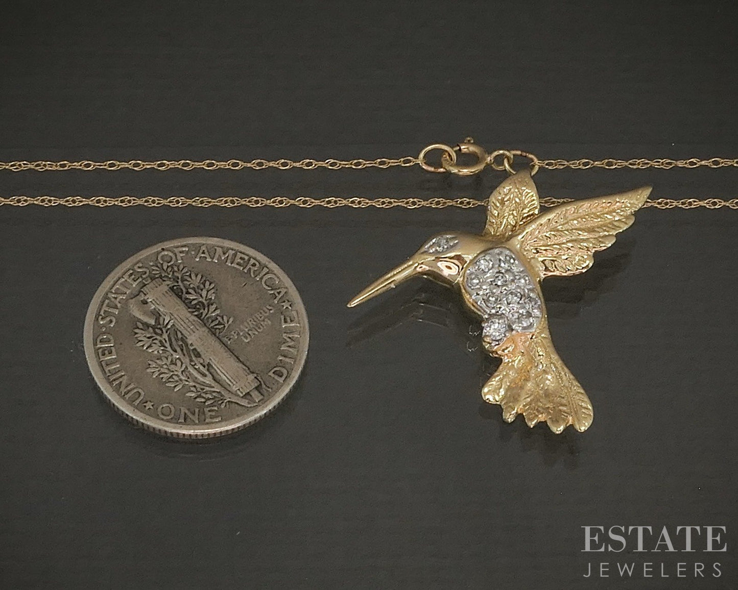 14k Yellow Gold Natural Diamond Hummingbird Necklace 2.9g 16"L p21636