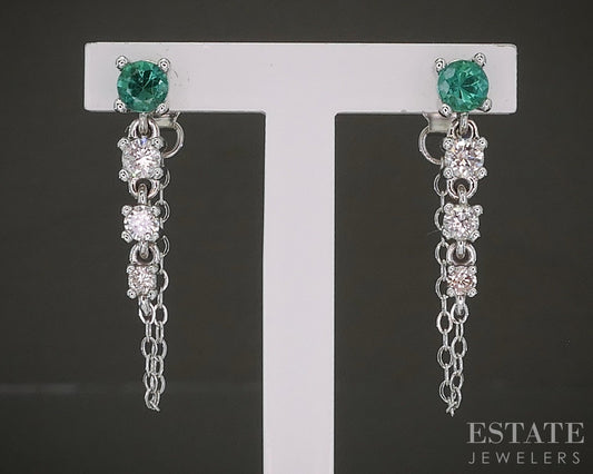 14k White Gold Natural Emerald & Diamond Chain Hoop Earrings 2g p24183
