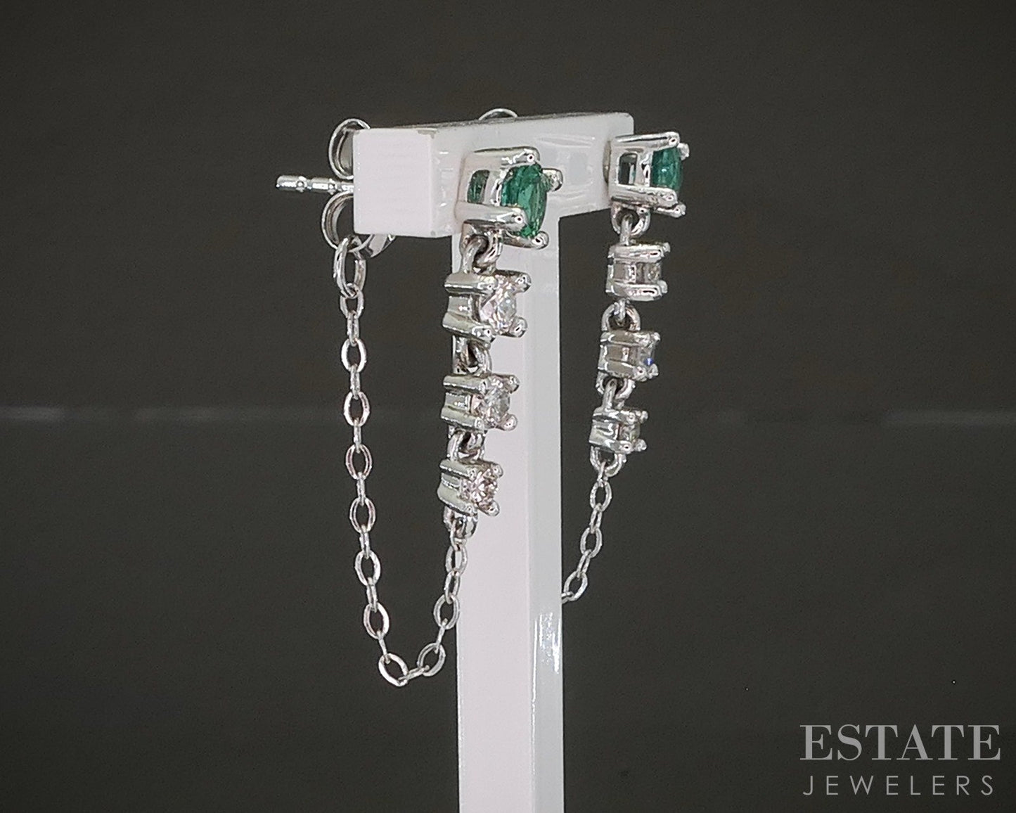 14k White Gold Natural Emerald & Diamond Chain Hoop Earrings 2g p24183
