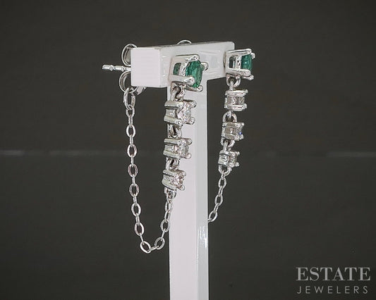 14k White Gold Natural Emerald & Diamond Chain Hoop Earrings 2g p24183