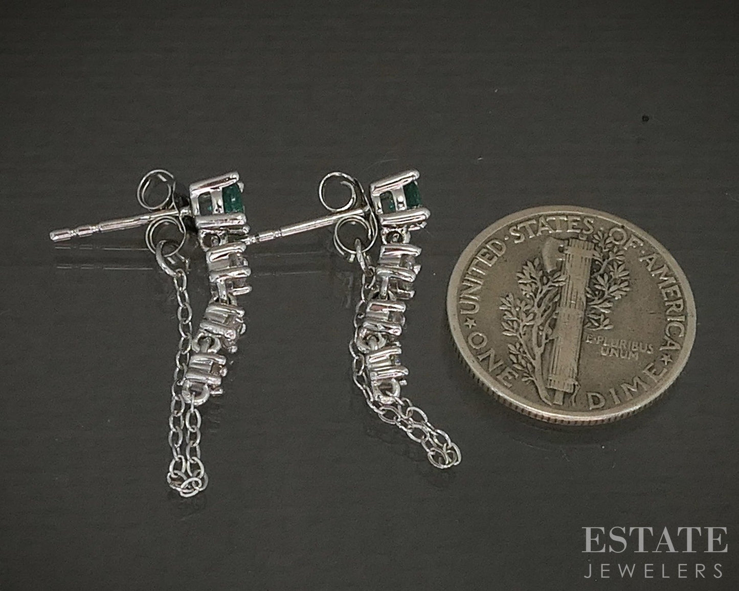 14k White Gold Natural Emerald & Diamond Chain Hoop Earrings 2g p24183