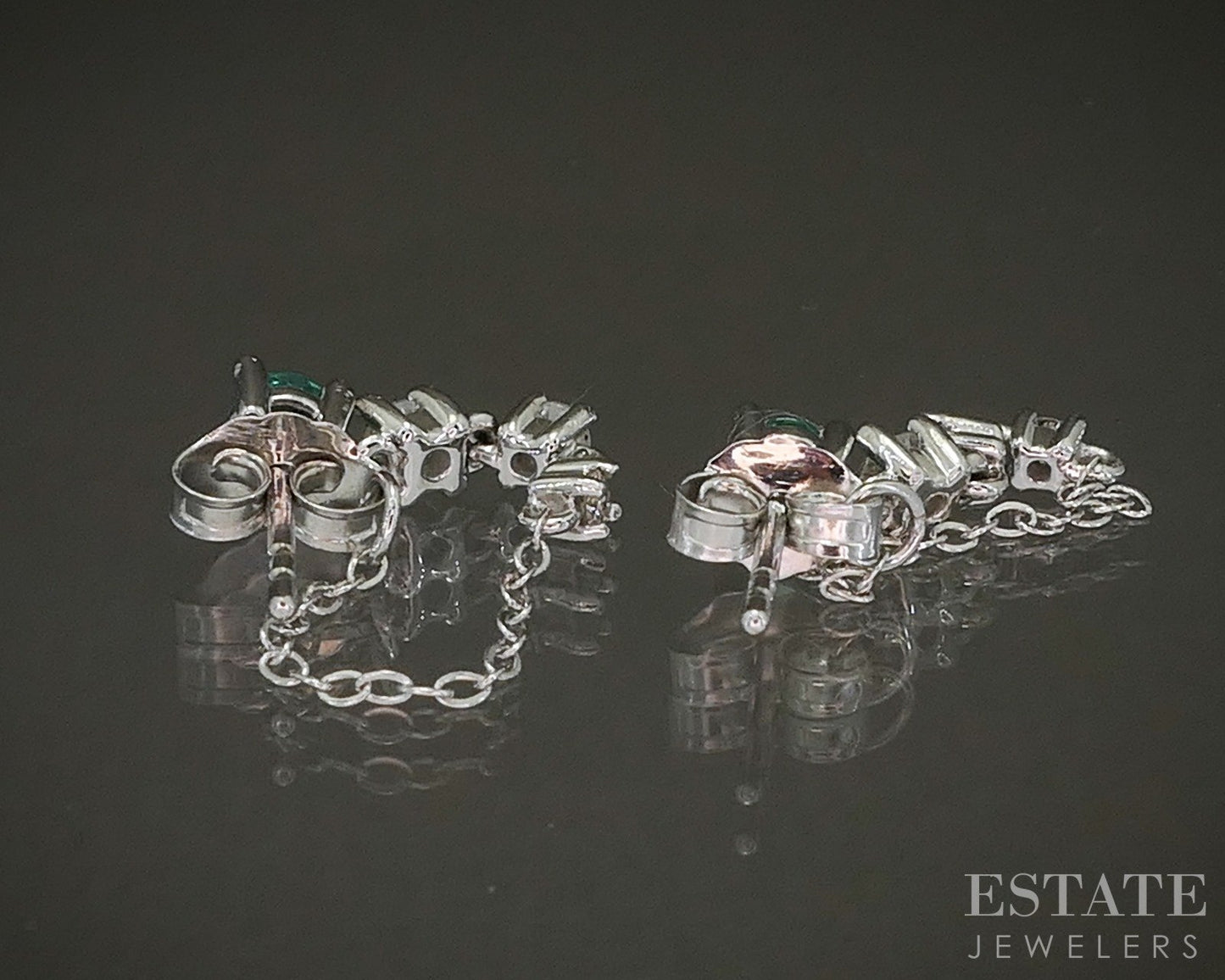 14k White Gold Natural Emerald & Diamond Chain Hoop Earrings 2g p24183