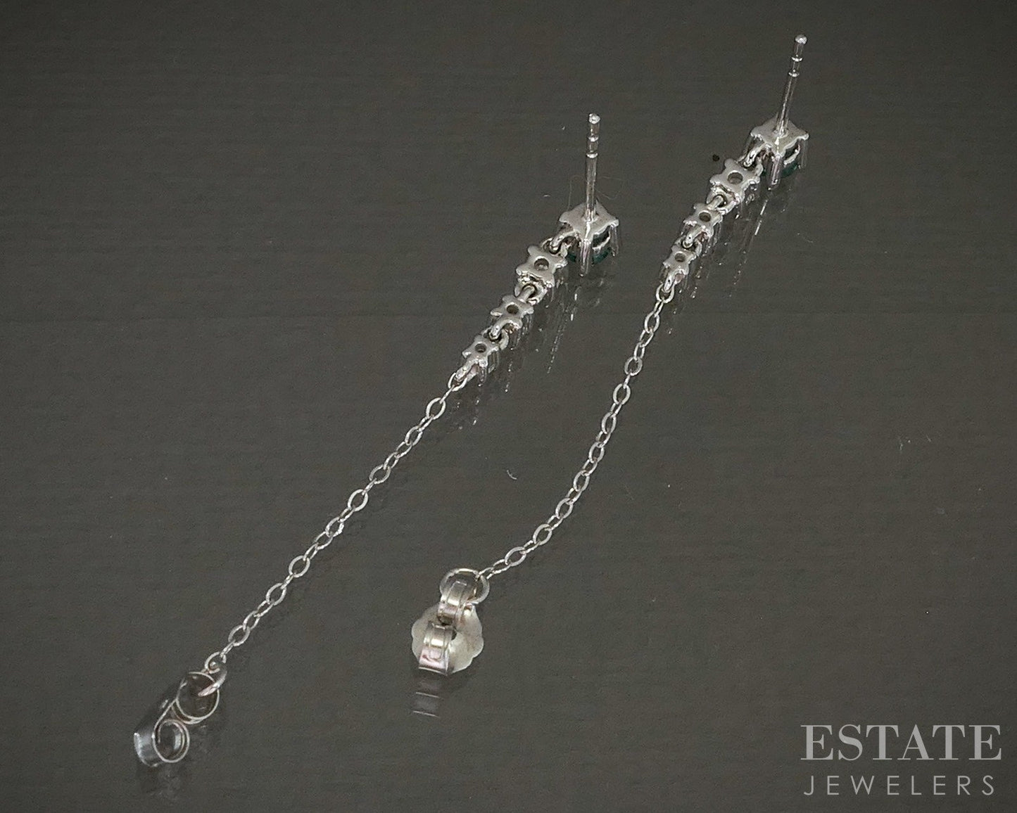 14k White Gold Natural Emerald & Diamond Chain Hoop Earrings 2g p24183