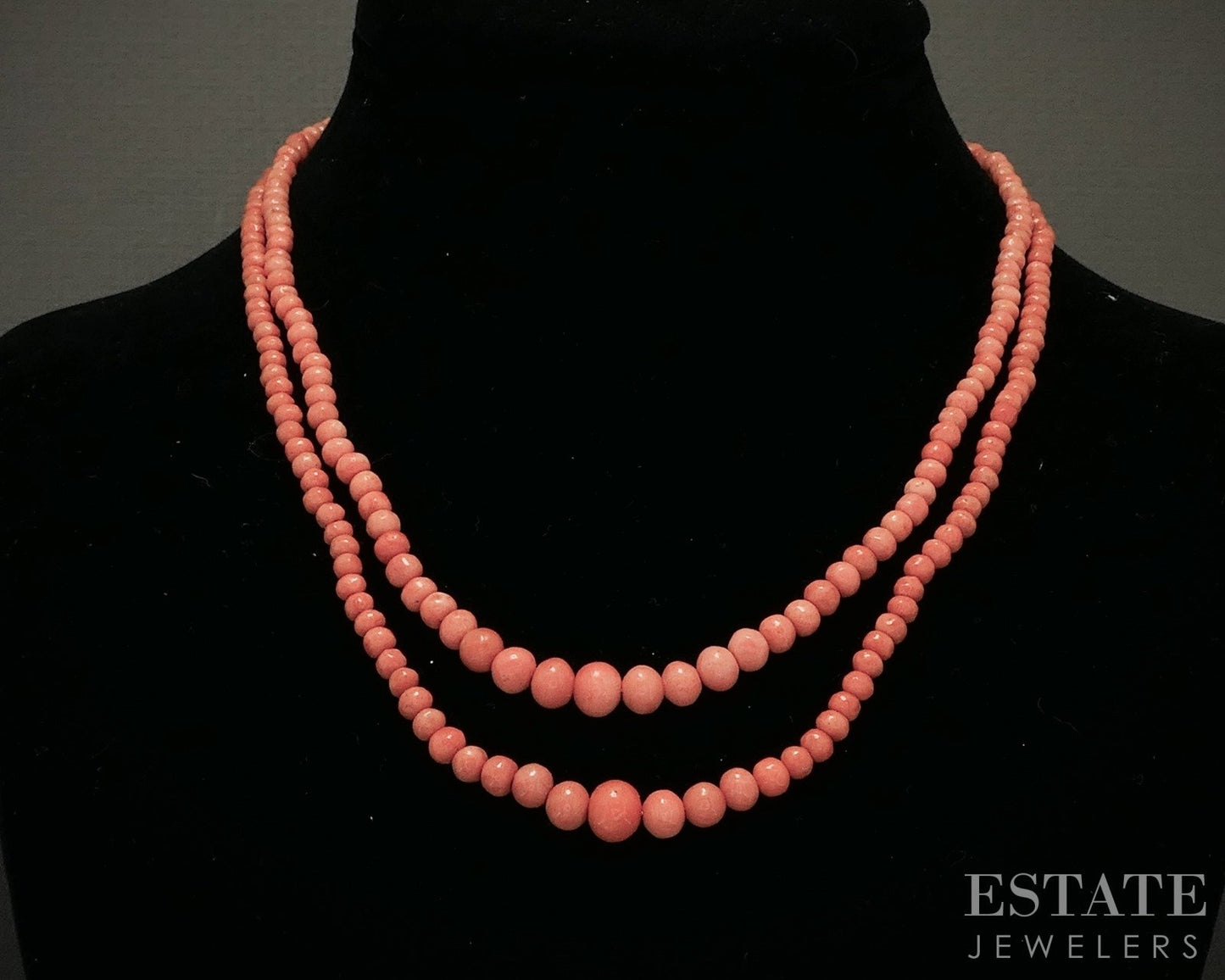 Antique Sterling 2.5-7.5mm Coral Graduated Double Strand Necklace 17"L p24137