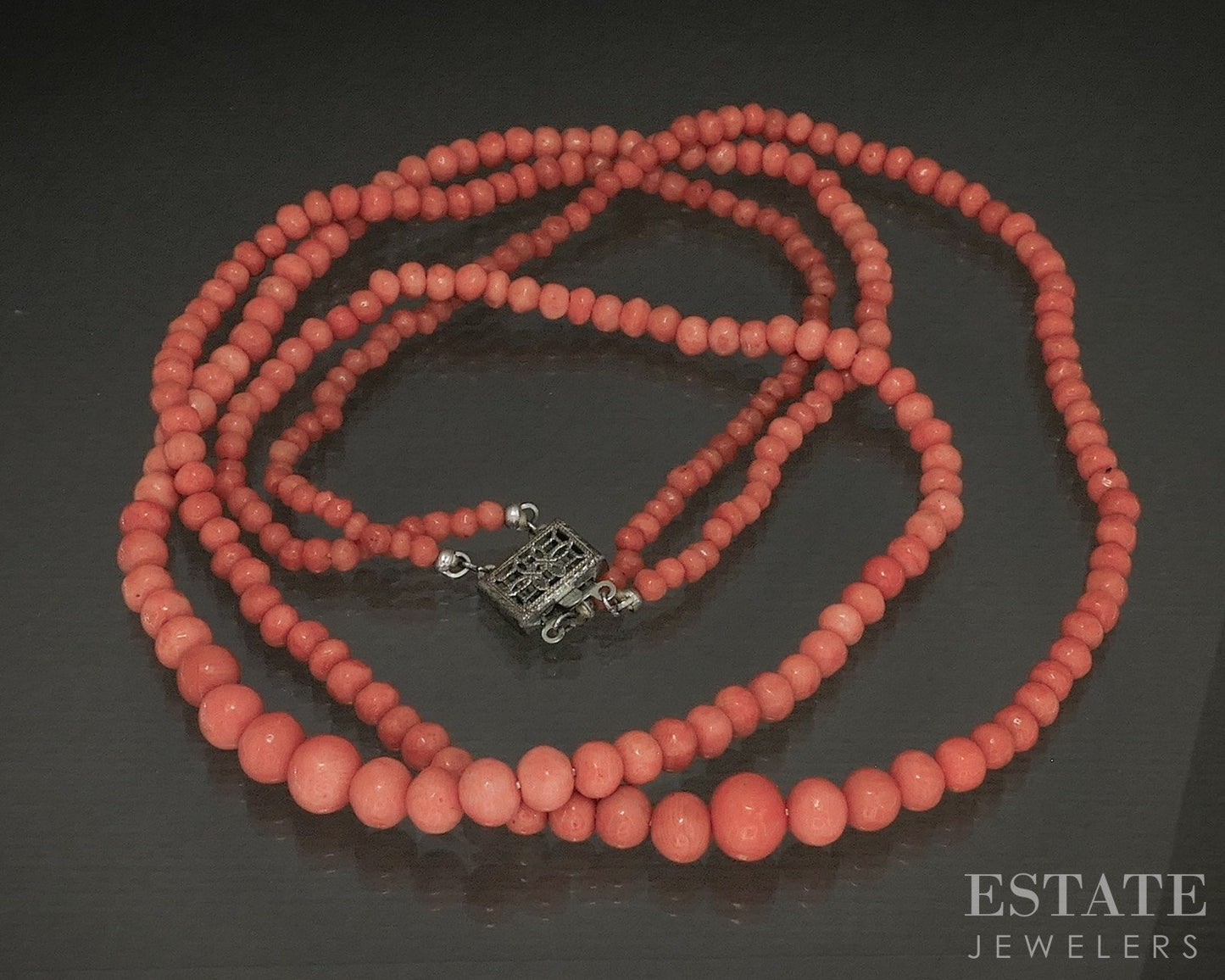 Antique Sterling 2.5-7.5mm Coral Graduated Double Strand Necklace 17"L p24137