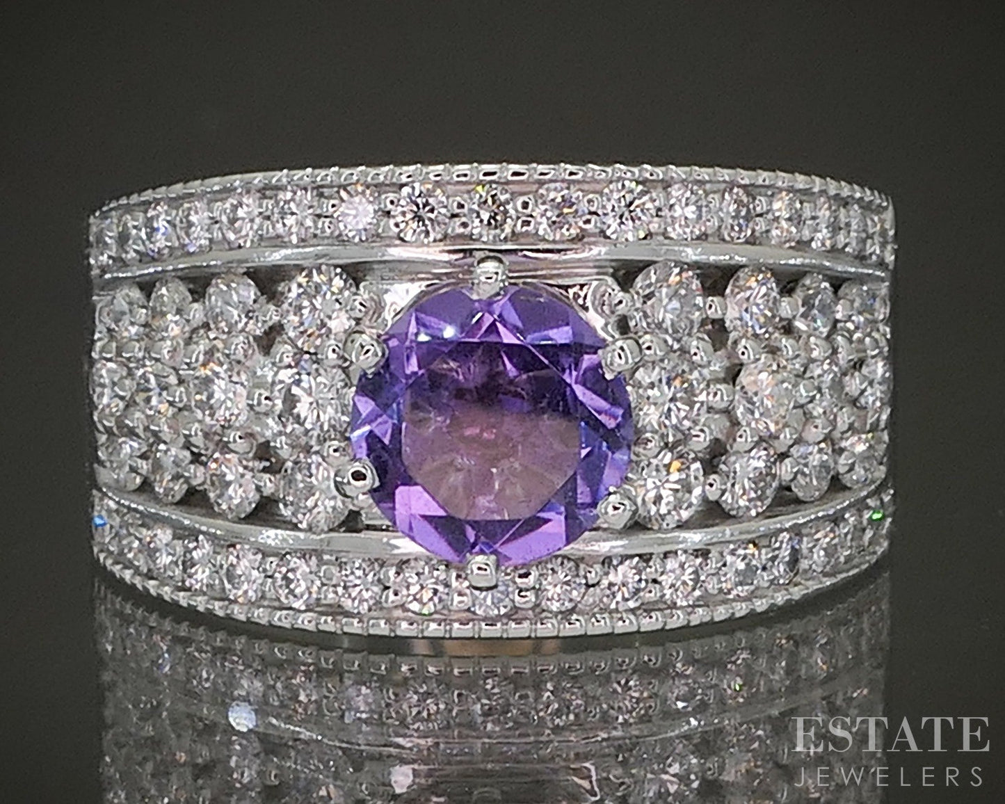 14k White Gold Round Cut Natural Amethyst & Diamond Cocktail Ring 14.2g p24153